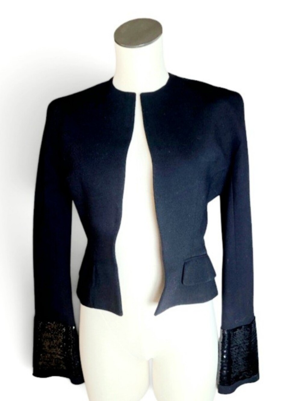 Christian Dior Boutique Vintage Black Cropped Jacket w/ Sequined Cuffs